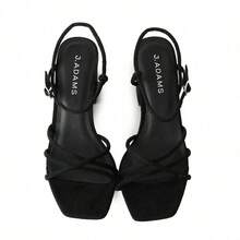 Women Strappy Square Toe Chunky Block Mid Heel Sandals – Cute Elegant Buckle Strap Heels For Spring/Summer Weddings, Bridesmaid, Date Night, Party, Prom & Business Casual Wear [Size Up Half Size] - 黑色純素絨面革 - 查看 3