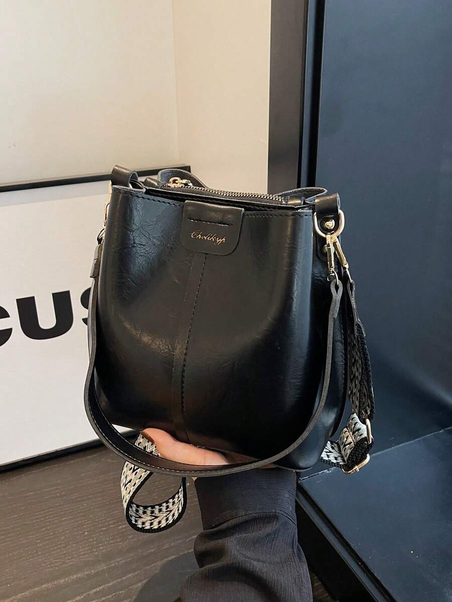 Mini Textured Solid Color PU Bucket Bag, Vintage Versatile Women Shoulder Bag, Summer - Black - View 1