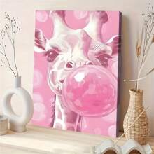 1 Unique Style Solid Painting Whimsical Pink Bubble Gum Giraffe Portrait Wall Art, Vibrant Ready To Hang Home Decor For Living Room & Bedroom, ,No Frame