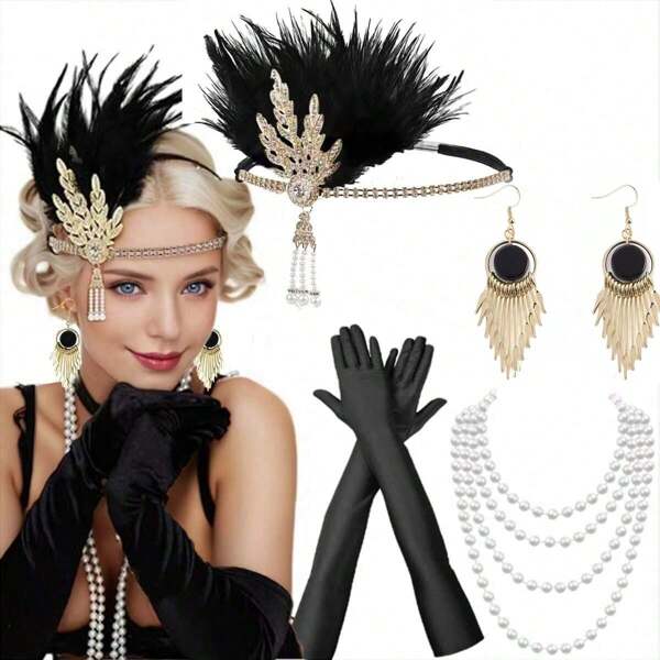 Set de 4 piezas de accesorios elegantes y sensuales de mujer estilo retro años 20, para disfraz de 'flapper', incluyendo diadema, collar, guantes y aretes para fiesta, máscara o baile de máscaras