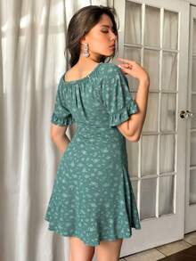 Vestido mujer dama mangas cortas diseño estampado detalle lazo frontal cuello en V ajuste cómodo estilo romántico tela ligera fresca ideal días casuales look femenino encantador elegante - Verde - Ver 3