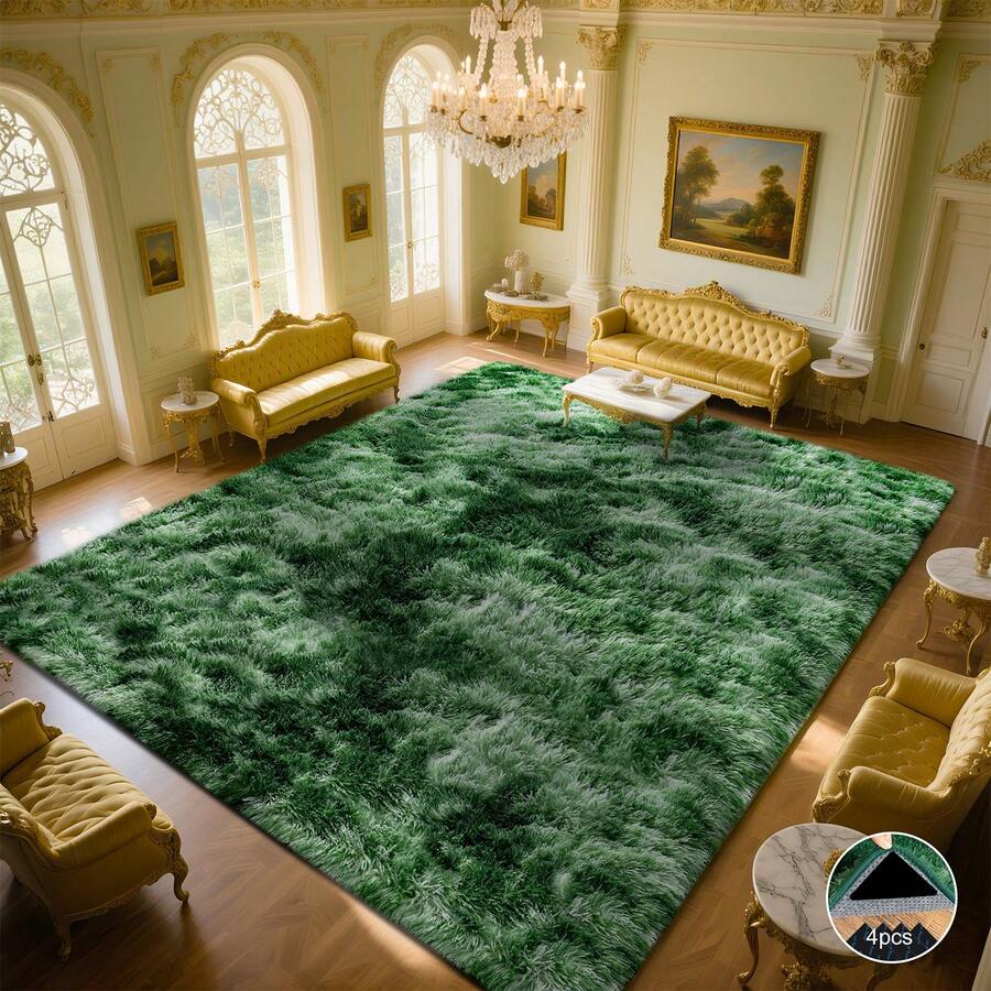 Tie-Dye Dark Green, Shaggy Area Rugs For Living Room, Ultra Soft Fluffy Big Carpets For Bedroom, Modern Throw Rug For Spring Decor Aesthetic, Upgrade Non-Slip Backing, Ideal Gift For Housewarming, Easter, Dry Clean Only, With 4 Carpet Stickers - 紮染深綠 - 查看 1