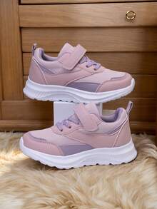 1 Pair Pink Children's Casual Sports Shoes, Breathable Mesh Fabric, Comfortable & Fashionable With Hook And Loop Closure, Suitable For Children, All Seasons, Spring & Autumn - Pink - View 2