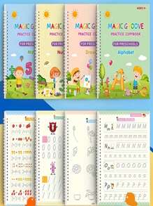4 Children's Exercise Books, Matte Finish, Plain Weave, Hard Pen Groove Copybook, Suitable For Preschool Children, Magic Practice For Children Aged 3-6, Letter And Number Writing Guide School Supplies, Back To School