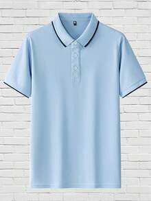 男士休闲纯色短袖 Polo 衫，简约时尚商务装，春夏 - 淺藍色 - 查看 3