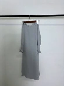 1pc Girls Casual Dress, Pink Round Neck Ruffled Hem Solid Color, Elastic & Comfortable, Daily Wear, Long Arabian Style Abaya