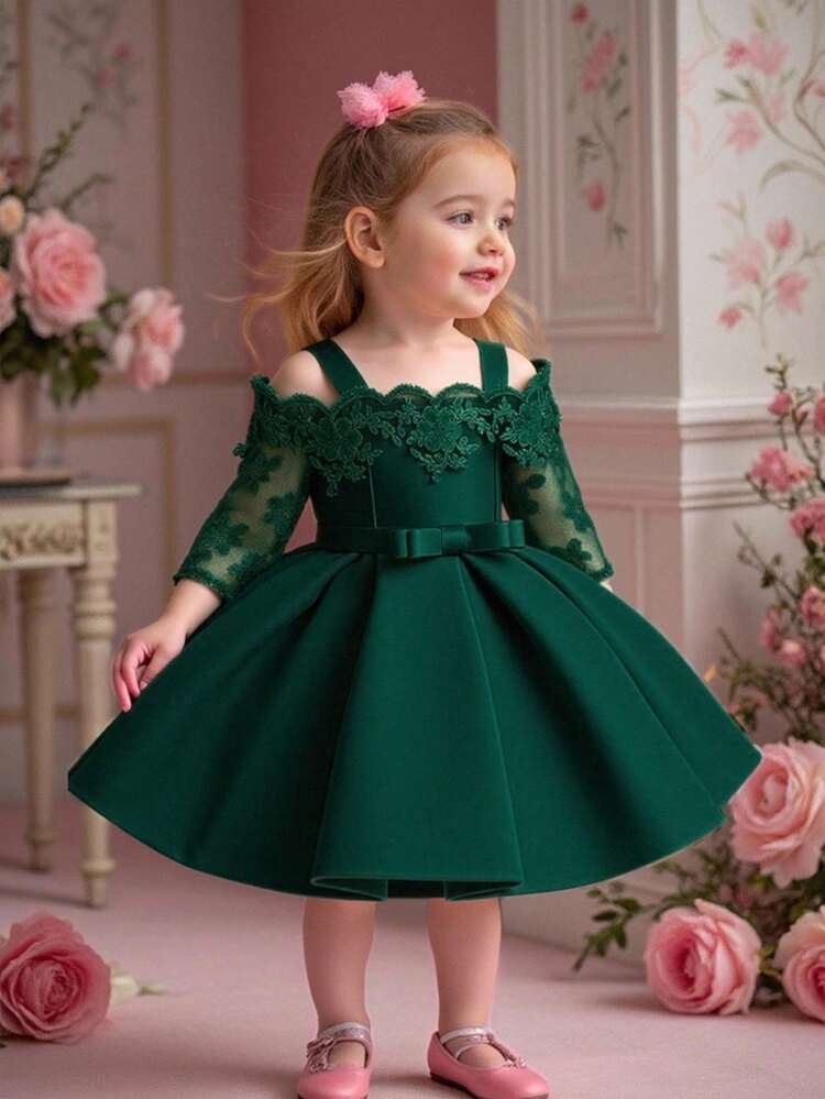 Baby Girls' Solid Color Lace Satin Waist Bow Princess Dress, & Elegant For Formal Occasions, Excluding Headband