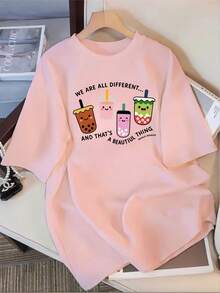 200g Pure Cotton T-Shirt 2025 Summer Ladies New Short Sleeve Pure Cotton Holiday Pattern Short Sleeve Round Neck Couple Wear Small Shirt Tops - 粉色 - 查看 1