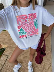 1 buc Tricou cu mânecă scurtă, cu guler rotund și imprimeu grafic casual pentru fete adolescente, îmbrăcăminte de vară pentru studenți - Tricou minimalist în stil englezesc care inspiră imaginația și exprimarea de sine
