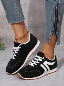 女士系带平底防滑跑步鞋，适合登山、舞蹈、健身，白色皮革休闲运动鞋，春秋季 - 黑色 - 查看 4