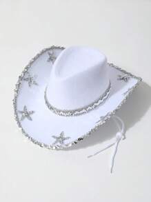 1 Stück Damen Cowboy Sonnenhut, leichter Stoff mit Pailletten-Seestern-Dekor, geeignet für Outdoor-Sonnenschutz, Strand, Western-Themen-Events, Partys, Rollenspiele, Abschluss, Maskeraden, Festivals, Hochzeiten, Geburtstage, Musikfestivals, Alltagsmode