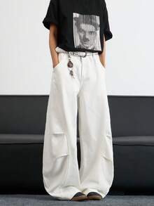 1 Stück japanische minimalistische Patchwork-Nieten-Waschung Herren Loose Fit Weite Bein Lässig Jeans Hose (ohne Gürtel & Zubehör)