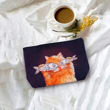 1 Stück süße Orange Katze und Fisch Muster Kosmetiktasche, leichter Make-up Organizer Beutel, multifunktionale Kulturtasche, ideal zum Reisen