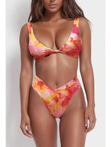 Conjunto de bikini Geluboao para mujer, de color sólido, con escote en V, detalle de nudo delantero, push up y tanga de piernas altas, traje de baño de dos piezas - Floral rojo - Ver 2