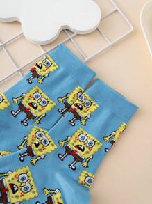 SPONGEBOB 1 Pair Funny Personalized Cartoon Cute Colorful Jacquard SpongeBob Expression Pattern Mid-Calf Socks, Sports Style, All Season, European & American Size, Comfortable Breathable , Vibrant Colors, Suitable For Daily Wear, Premium Fabric, No Stuffy Feet