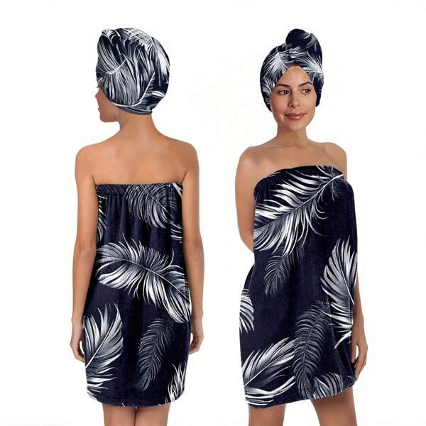 2pcs/Set Women's Bath Skirt And Shower Cap Set Super Soft Adjustable Ladies' Bathrobe - Multifunctional Wearable Towel Dress,Feather Series Floral Print Patterns,Absorbent Bath Towel Home Sexy Strapless Bath Skirt, Dry Hair Cap Set,Suitable For Bathroom,Shower, Spa, Sauna And Beach Back To School
