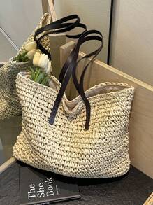 Bolso de paja minimalista y oversize, perfecto para vacaciones, verano, vacaciones, días festivos. Bolso de playa, necesidades y esenciales de playa, cosas de playa y esenciales de verano. El mejor bolso de mujer para la onda de playa, bolso de vacaciones para el verano