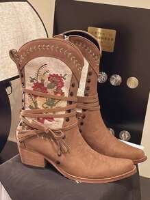 Women's Western Boots With Zipper, Mid-Calf V-Cut, Brown Color With Embroidery Retro Print Decor, Pointed Toe Chunky Heels, Tall Rider Boots, Fringes & Bow Accents