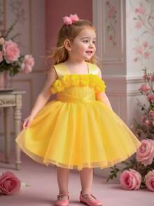 Baby Girls' Solid Color Mesh Sleeveless Wide Strap 3D Floral Elegantc Flower Girl Dress For Wedding Party, Headband Not Included - Yellow - View 4