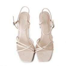 Women Strappy Square Toe Chunky Block Mid Heel Sandals – Cute Elegant Buckle Strap Heels For Spring/Summer Weddings, Bridesmaid, Date Night, Party, Prom & Business Casual Wear [Size Up Half Size] - Da lộn thuần chay màu khỏa thân - Xem 3