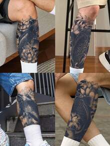 1Pc Fake Tattoo Temporary Tattoos Semi Permanent Tattoo Koi Carp Traditional Waterproof Sweatproof Last For 1-2 Weeks Realistic Herbal Juice Anti-Friction Non-Reflective Black For Woman And Men Tattoo Stickers For Arm, Chest, Leg, Abdomen, Waist, Finger, Neck, Spine, Modernist Body Art - Black - View 4