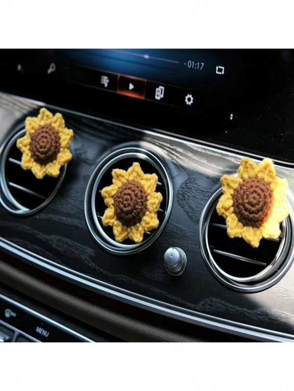 1pc/2pcs Crochet Sunflower Car Vent Clip, Flower Car Air Freshener, Sunflower Car Diffuser, Interior Car Accessory For Women, Kawaii Car Decor