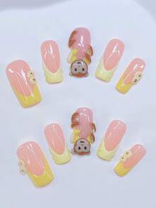 10件Y2K Nails管状按压式指甲套装 - 手工制作，粉色指甲，黄色法式尖头款式，手工3D猴子和手工香蕉片，手绘透明3D图案设计 - 适合女士和女孩，派对、婚礼、日常佩戴，包含工具包。手工假指甲。短指甲。美甲用品。猴子图案指甲。（猴子为手工制作，因此每只可能不完全相同。）美甲用品 指甲 - 彩色 - 查看 2