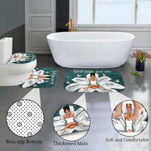 1 pièce/3 pièces/4 pièces Ensemble de rideaux de douche avec verset biblique inspirant - Femme dans le motif de la fleur de lotus avec les messages "Dieu dit que tu es" (Élu, Précieux, Pardonné) | Inclut la housse de siège de toilette, tapis de bain, tapis de sol | Fond de planches de bois bleu, accents de papillon blanc | Tapis antidérapants épaissis, Tailles multiples (rideau 70,8 po H, 13,8 po/29,1 po tapis) | Parfait pour les salles de bain modernes inspirées de la foi Rentrée scolaire
