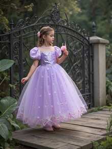 Young Girls Sequin Snowflake School Stage Princess Dress, Suitable For Party, Banquet, Birthday, Includes Cape, Excludes Headband - Màu tím hoa cà - Xem 2