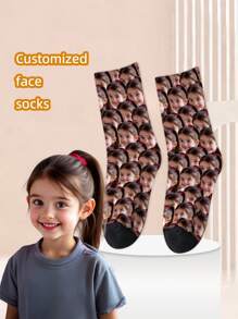1 par de calcetines de media pantorrilla con impresión personalizada de rostro para niñas y niños, calcetines personalizados para adolescentes con foto, calcetines tripulación con imagen personalizada y divertida para uso diario, vacaciones, cumpleaños y otras ocasiones
