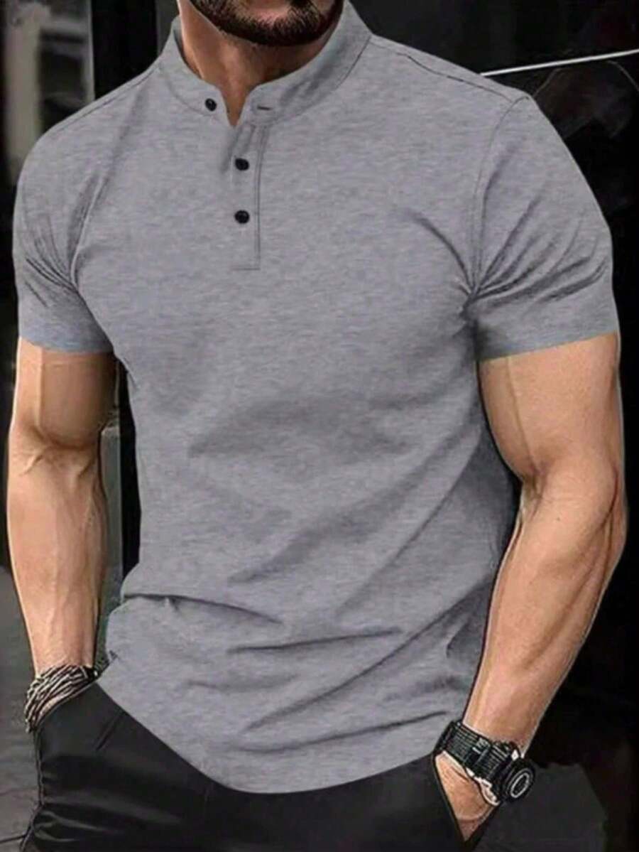 Homme Men's Short Sleeve Polo Shirt With Stand Collar, Color Block Graphic Button Down For Golf And Business Casual, For Husband - 灰色 - 查看 1