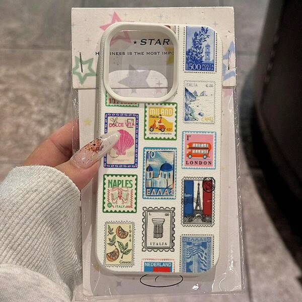 1 pieza Funda de teléfono de cobertura completa con patrón de sello retro de colores hecha de material TPU, compatible con iPhone// Teléfonos