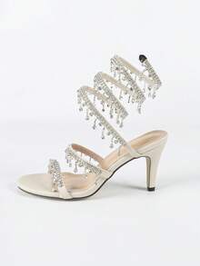 Women's Slim High Heel Sandals, Fashion Simple Straps Rhinestone Snake Wrap Round Toe, Suitable For Summer & Autumn - Beige - View 2