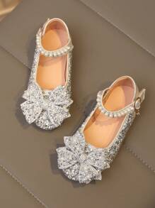 1 Pair Plus Size 2025 New Fashion Versatile Pink Girl Pearl & Rhinestone Bow Decor Cute Flat Shoes, Round Toe, Suitable For Daily Wear, Dancing, Outdoor In Spring & Autumn, Glitter Decoration Closed Toe Princess Ballet Flats, Run Small By Half Size