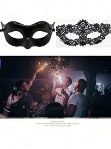 2 PIEZAS Máscaras de maquillaje de encaje negro y plástico diseñadas para hombres y mujeres, ofreciendo una opción elegante para eventos como bailes de máscaras, fiestas de Halloween, o celebraciones del Día de San Valentín