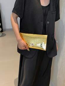 2026 时尚多彩极简信封手拿包，鳄鱼纹亮片夜店风信封包，女士款 - 金色 - 查看 5