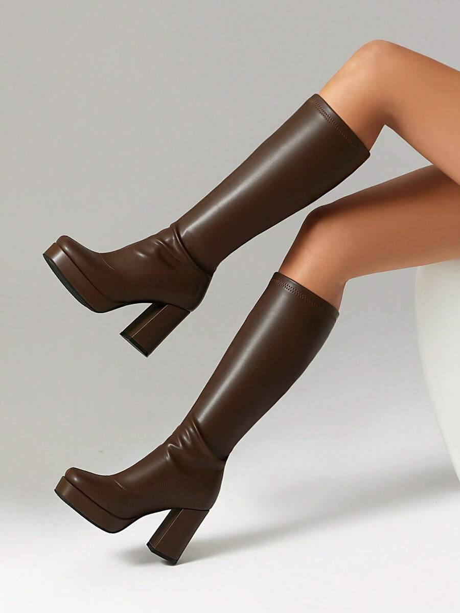 Women's Thick Heel Thigh High Boots, Square Toe High Shaft Dress Boots, Versatile For Autumn/Winter - Brown - View 1
