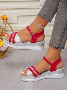 Women's Platform Wedge Sandals, Color Blocking Strap Design, Suitable For Beach, Wedding, Outdoor, Summer