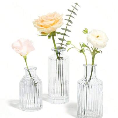 1pc Or 3pcs/Set Glass Vases, Loose Small Vases, Mini Ribbed Vases, Center Decorative Vases, Transparent Retro Vases For Tabletop Decor, Wedding, Party, Reception, Home Decoration Room Decor Flower Vase