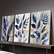 3pcs Frameless Canvas Blue Botanical Prints, Abstract Printed Wall Art, Modern Living Room Wall Decor, Blue Leaves Bedroom Posters, Hallway Prints, Modern Art Decoration,Home Decor Living Room,Wall Decor,Decoration Maison