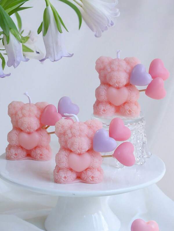 1pc Pink Rose Bear Heart-Shaped Scented Candle, Made Of Soy Wax, Wedding Table Decoration, Handcrafted Candle Ornament, Wedding Souvenir, InS-Style Home Decoration, Suitable For Home Decoration, Table Decoration, Room Incense, Valentine's Day Gift