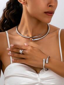 1 Set Alloy Ring, Teardrop Bracelet And Rivet Choker Necklace For Women, Fashionable Accessories For Daily Wear And Festival Gifts