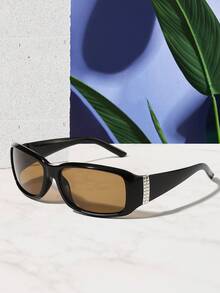 1 件女士街头嘻哈水钻镶嵌矩形时尚黑色眼镜，适合节日出游、节日派对和音乐节 Y2K Fest 音乐节，适合夏季海滩度假、户外、旅行