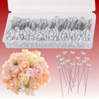 1.5 Inch Crystal Rhinestone Bouquet Pins, Plastic Straight Bouquet Pins, Suitable For Wedding Floral/Party Decor, Jewelry DIY, DIY Hair Accessories And Sewing Craft Positioning Pins