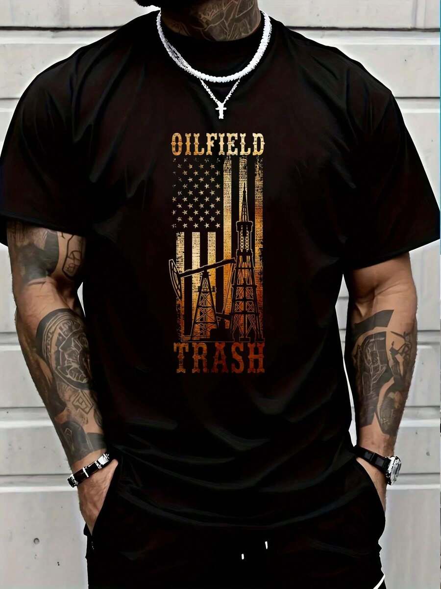 100% Cotton Oilfield Trash Not For The Weak For Oil Rig And Gas Workers T-Shirt Women's Men's Graphic Tee, Causal Tops Fashion Tshirt - 黑色 - 查看 1