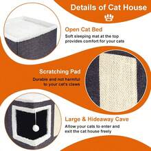 Cat Houses For Indoor Cats - Large Cat Bed Cave With Scratch Pad And Fluffy Ball, Foldable Cat Condo Hideaway With Reversible Cushion For Multi Small Pet, Dark Grey - 深灰色 - 查看 4