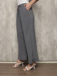 Women's Wide Leg Pants With Chalk Drawstring - 灰色 - 查看 2