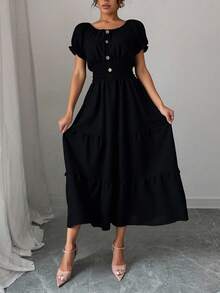Liso    Bohemio  Elegante    Bajo con volante  Botón delantero  Botón    Playa    Verano - Negro - Ver 3