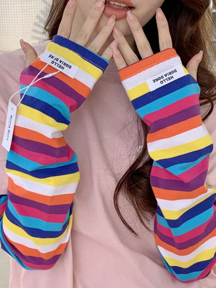 1 Pair Women's Loose Stripe Arm Sleeves, Lightweight For Spring/Summer, Breathable Long Arm Warmers For Driving, 2 Random Styles Without Tags