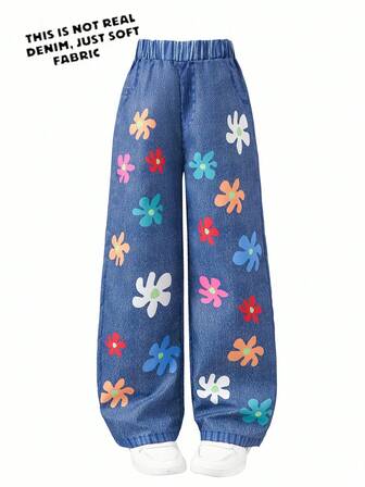 女童舒适雏菊牛仔效果及踝长裤，夏季